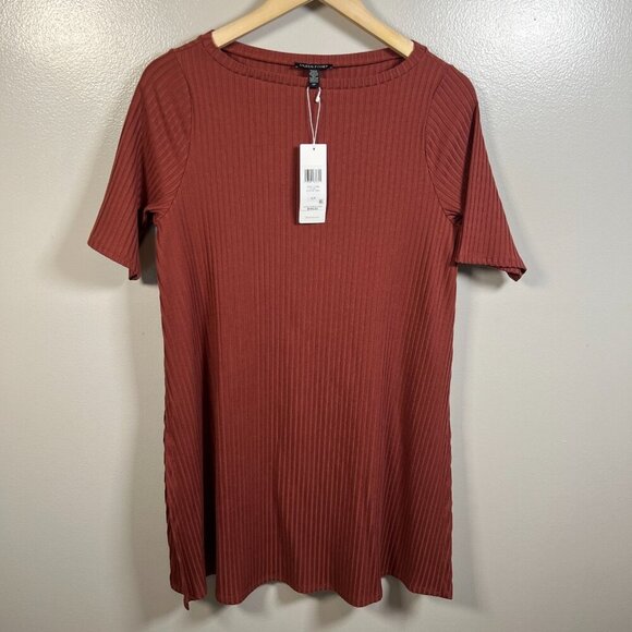 Eileen Fisher Bateau Neck Tunic Size Small Ribbed Deep Tumeric Lagenlook Minimal - Picture 1 of 10
